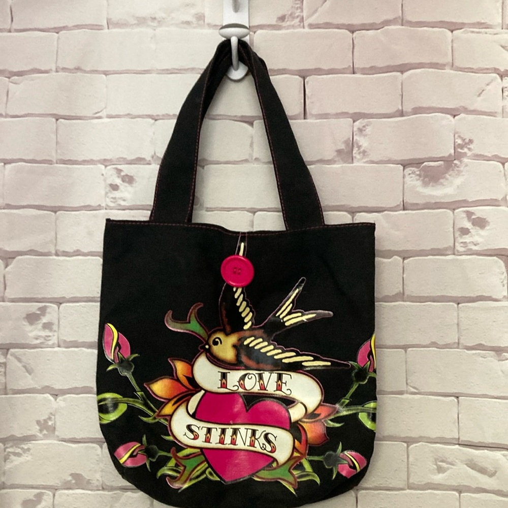 Anchor Blue Black Tote with Bird and Floral Art ( Love Stinks)